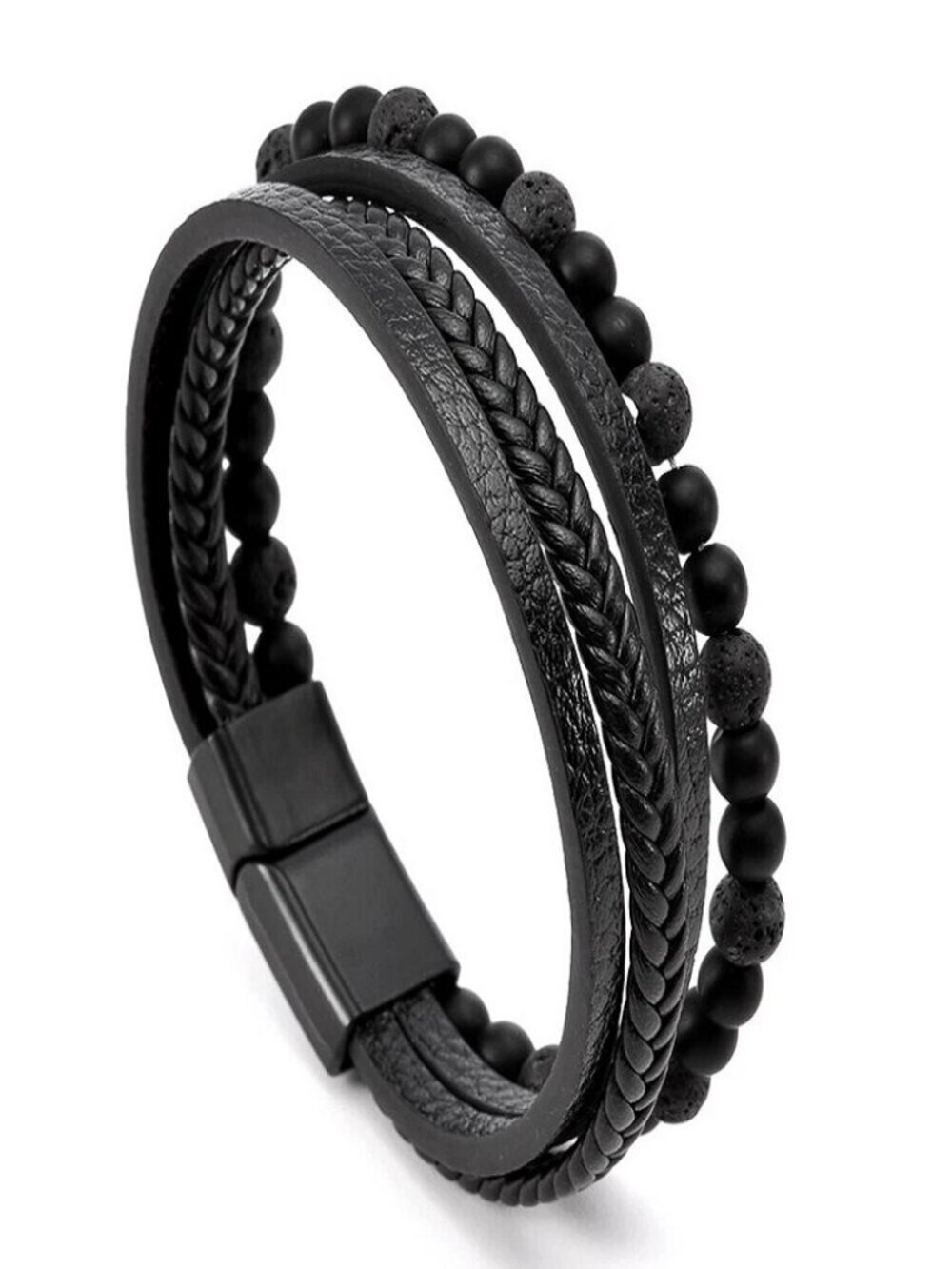 Men's Layered Braided Leather Beaded Bracelet With Tiger Eye Natural Stone - Picture 2 of 10